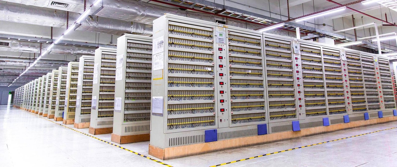 Automated battery pack aging and cycling racks at the Holo Battery facility