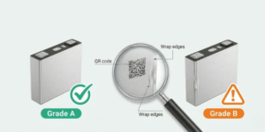 Cover image showing Grade A and Grade B battery cells side by side with quality inspection checkmarks and warning symbols on white background