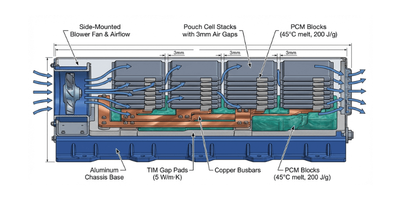 high discharge battery thermal management cross section