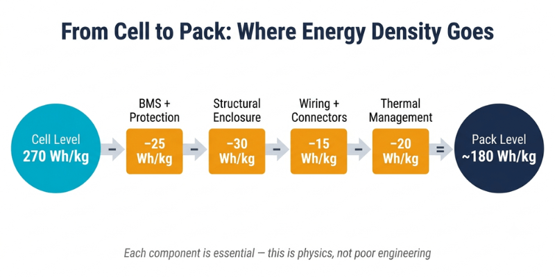 from cell to pack energy density goes