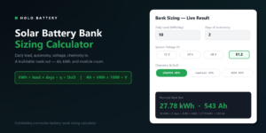 Solar battery bank sizing calculator - daily load, autonomy, voltage, and chemistry inputs with a live 51.2V result